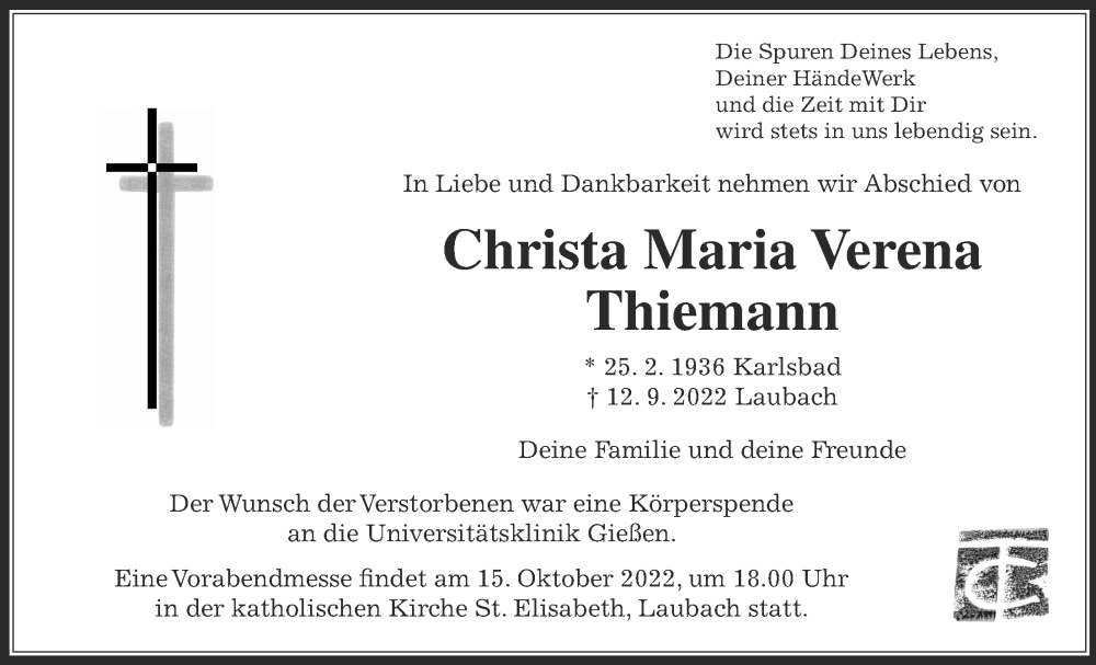  Traueranzeige für Christa Maria Verena Thiemann vom 21.09.2022 aus Laubacher Anzeiger
