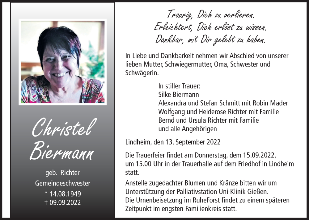  Traueranzeige für Christel Biermann vom 13.09.2022 aus Kreis-Anzeiger