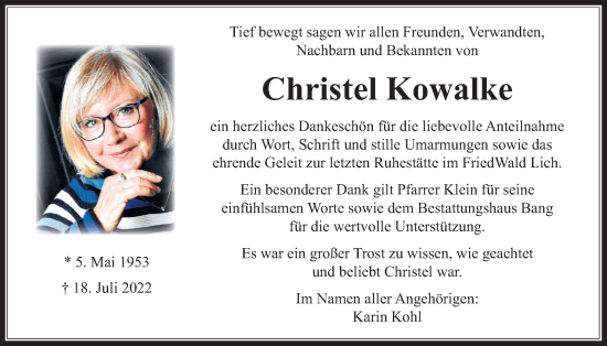 Traueranzeige von Christel Kowalke von Pohlheimer Nachrichten, Giessener Allgemeine, Alsfelder Allgemeine, Giessener Allgemeine, Alsfelder Allgemeine