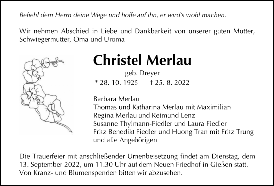 Traueranzeige von Christel Merlau von Giessener Anzeiger, Giessener Allgemeine, Alsfelder Allgemeine