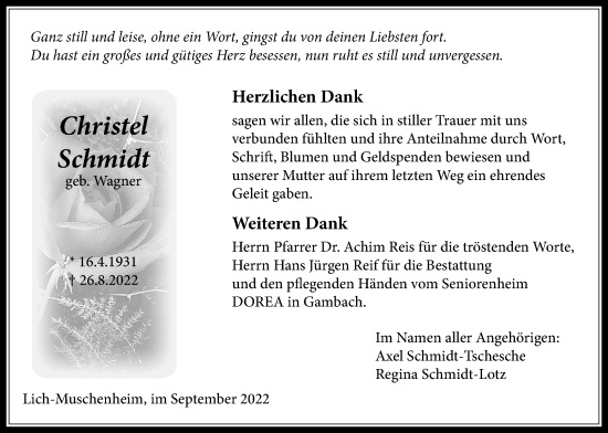 Traueranzeige von Christel Schmidt von Licher Wochenblatt
