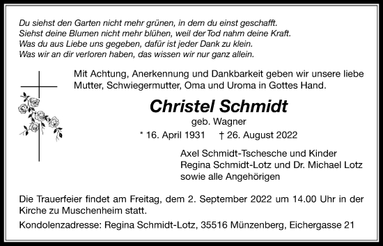 Traueranzeige von Christel Schmidt von Licher Wochenblatt