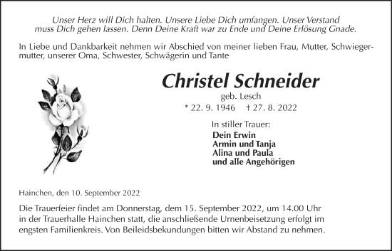 Traueranzeige von Christel Schneider von Kreis-Anzeiger