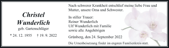 Traueranzeige von Christel Wunderlich von Giessener Allgemeine, Alsfelder Allgemeine