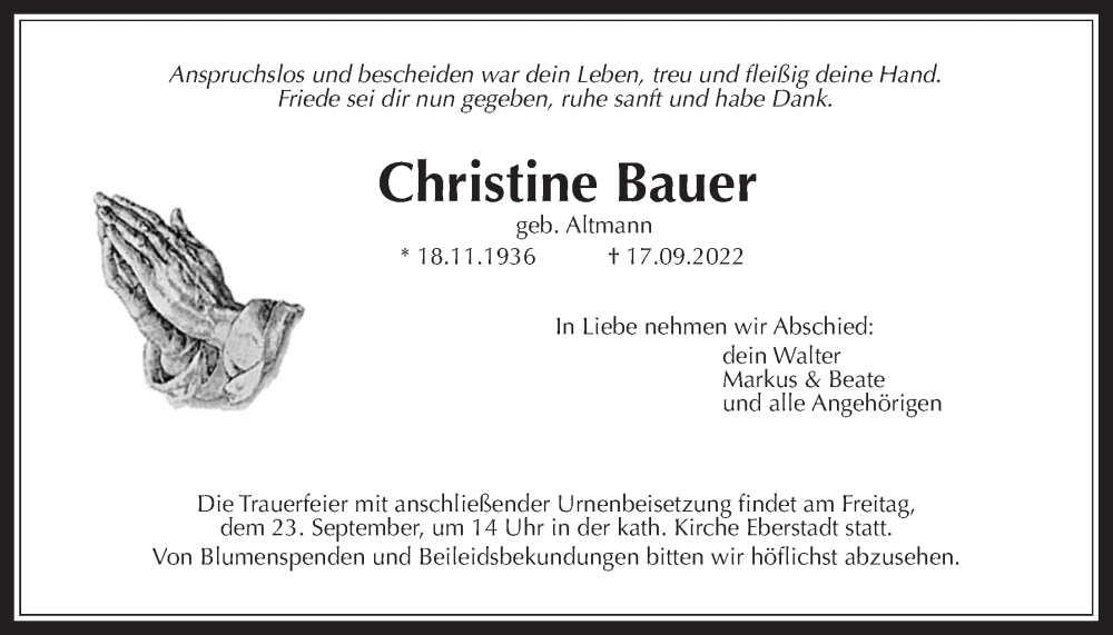  Traueranzeige für Christine Bauer vom 22.09.2022 aus Licher Wochenblatt