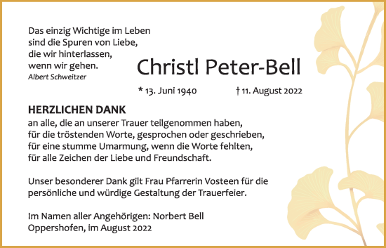Traueranzeige von Christl Peter-Bell von Wetterauer Zeitung