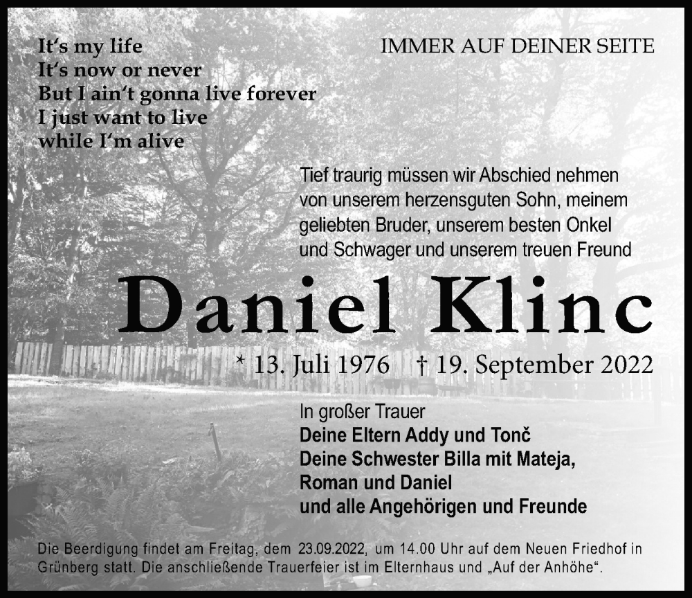  Traueranzeige für Daniel Klinc vom 22.09.2022 aus Giessener Allgemeine, Alsfelder Allgemeine, Giessener Anzeiger