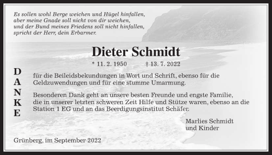 Traueranzeige von Dieter Schmidt von Giessener Allgemeine, Alsfelder Allgemeine