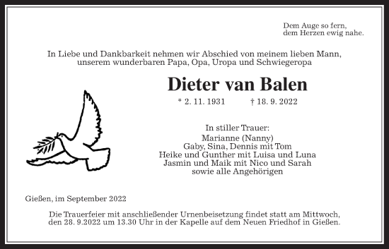 Traueranzeige von Dieter van Balen von Giessener Anzeiger