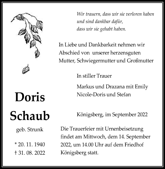 Traueranzeige von Doris Schaub von Giessener Allgemeine, Alsfelder Allgemeine