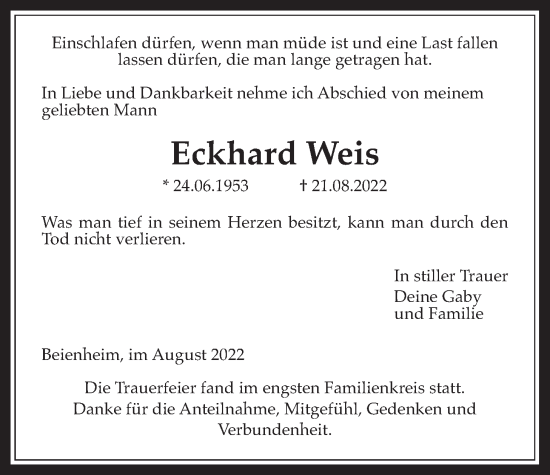 Traueranzeige von Eckhard Weis von Wetterauer Zeitung