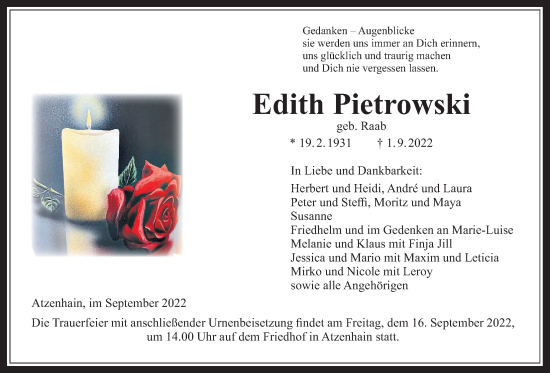 Traueranzeige von Edith Pietrowski von Alsfelder Allgemeine, Mücker Stimme