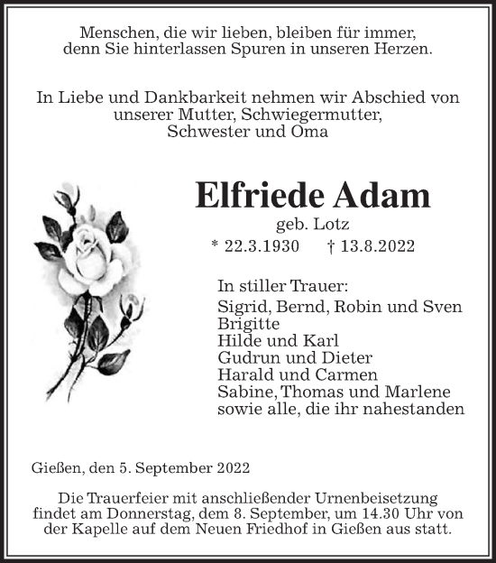 Traueranzeige von Elfriede Adam von Giessener Anzeiger, Giessener Allgemeine, Alsfelder Allgemeine