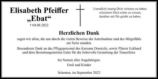 Traueranzeige von Elisabeth Pfeiffer von Kreis-Anzeiger