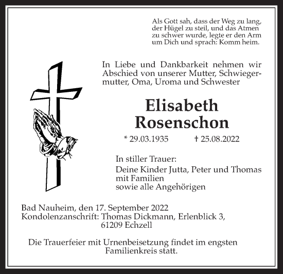 Traueranzeige von Elisabeth Rosenschon von Wetterauer Zeitung