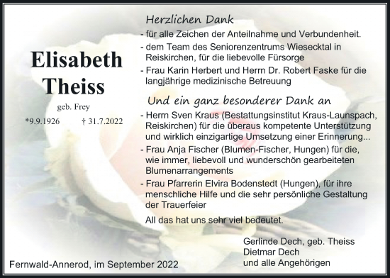 Traueranzeige von Elisabeth Theiss von Giessener Anzeiger, Giessener Allgemeine, Alsfelder Allgemeine