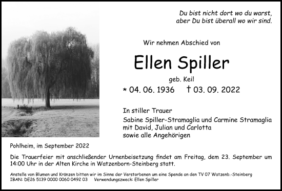 Traueranzeige von Ellen Spiller von Giessener Anzeiger, Giessener Allgemeine, Alsfelder Allgemeine, Pohlheimer Nachrichten