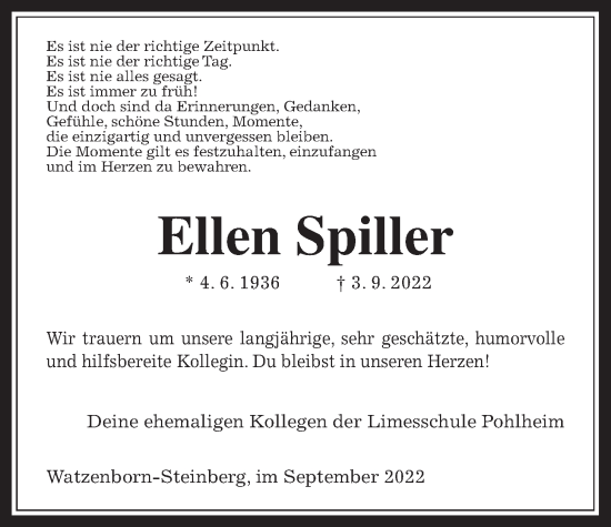 Traueranzeige von Ellen Spiller von Giessener Allgemeine, Alsfelder Allgemeine, Giessener Anzeiger