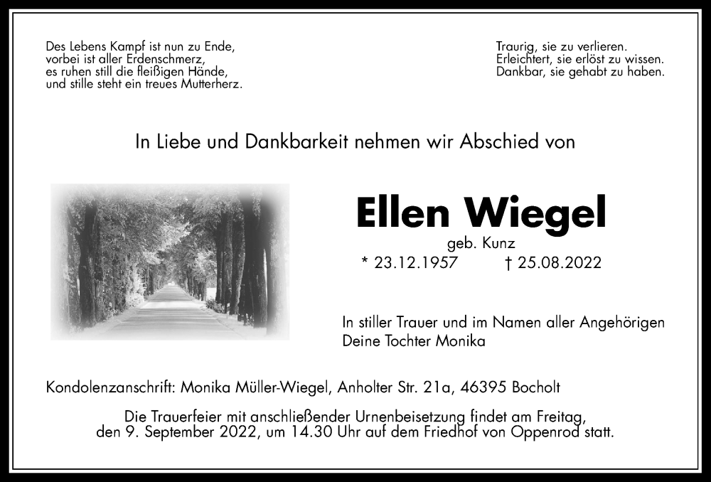  Traueranzeige für Ellen Wiegel vom 03.09.2022 aus Giessener Allgemeine, Alsfelder Allgemeine