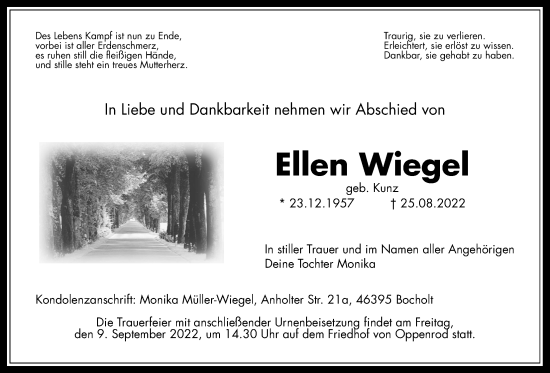 Traueranzeige von Ellen Wiegel von Giessener Allgemeine, Alsfelder Allgemeine