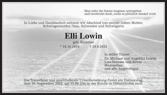 Traueranzeige von Elli Lowin von Licher Wochenblatt