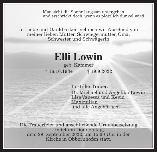 Traueranzeige von Elli Lowin von Wetterauer Zeitung