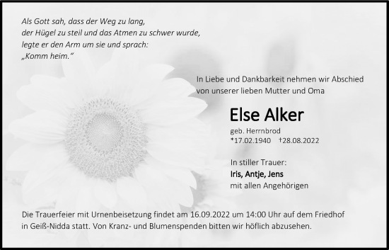 Traueranzeige von Else Alker von Kreis-Anzeiger