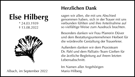Traueranzeige von Else Hilberg von Giessener Anzeiger, Giessener Allgemeine, Alsfelder Allgemeine