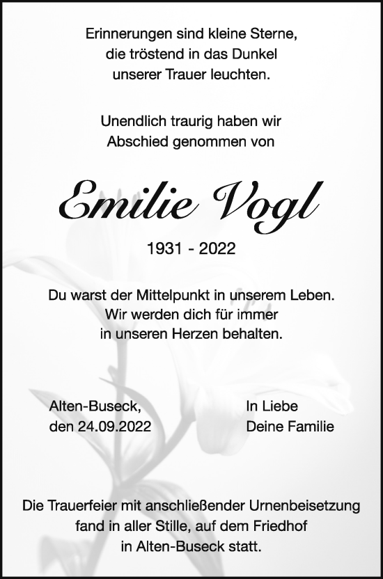 Traueranzeige von Emilie Vogl von Giessener Anzeiger
