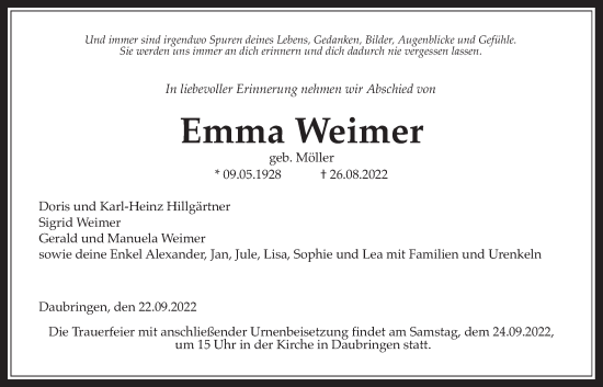 Traueranzeige von Emma Weimer von Giessener Allgemeine, Alsfelder Allgemeine, Giessener Anzeiger