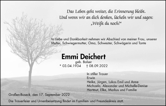 Traueranzeige von Emmi Deichert von Giessener Allgemeine, Alsfelder Allgemeine, Giessener Anzeiger