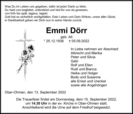 Traueranzeige von Emmi Dörr von Alsfelder Allgemeine
