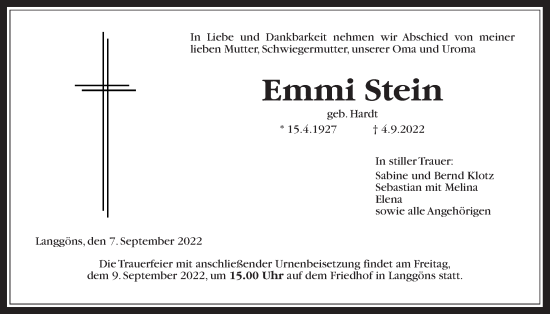 Traueranzeige von Emmi Stein von Giessener Allgemeine, Alsfelder Allgemeine