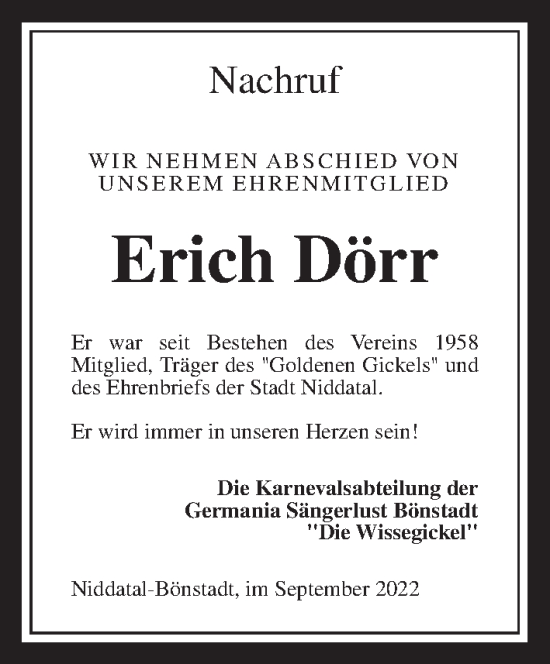 Traueranzeige von Erich Dörr von Wetterauer Zeitung