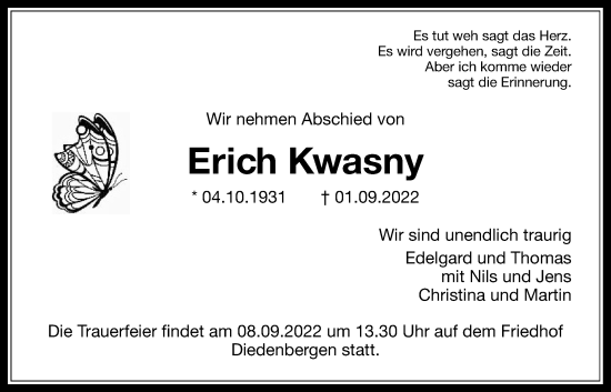Traueranzeige von Erich Kwasny 