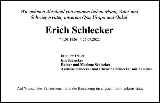 Traueranzeige von Erich Schlecker von Giessener Anzeiger