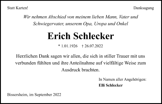 Traueranzeige von Erich Schlecker von Giessener Anzeiger