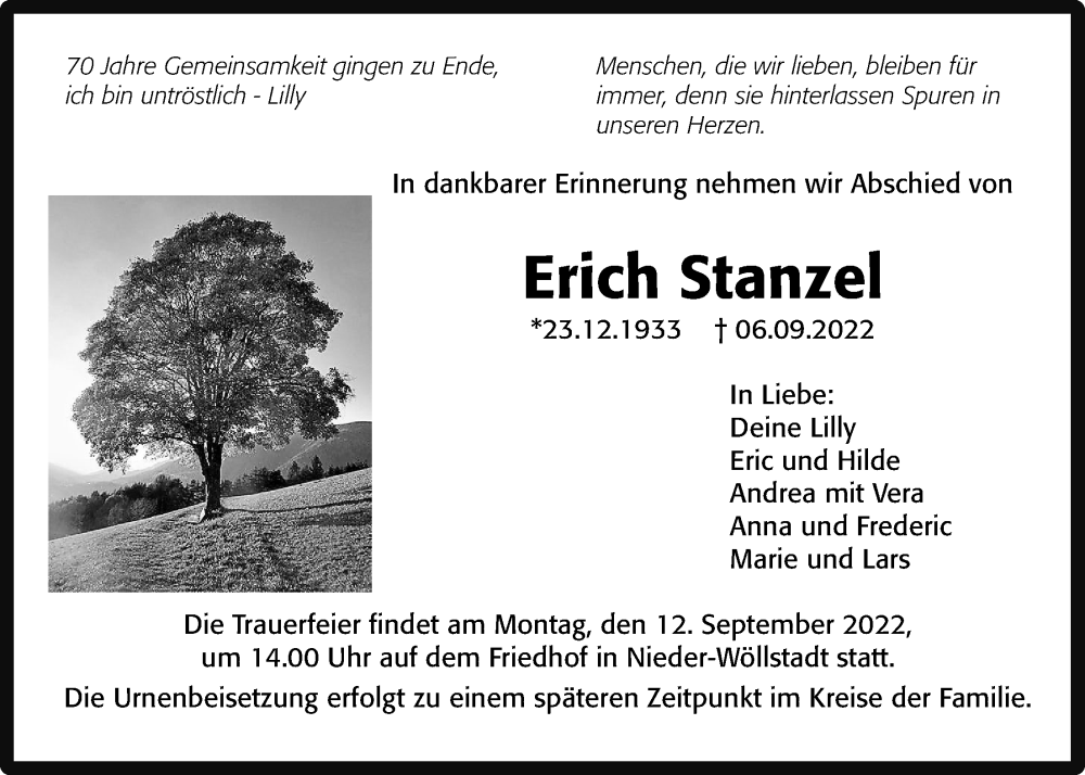  Traueranzeige für Erich Stanzel vom 10.09.2022 aus Wetterauer Zeitung