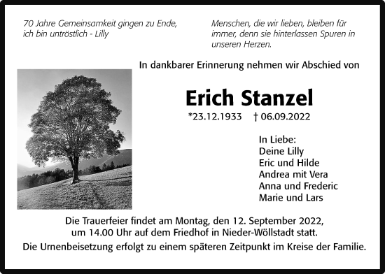 Traueranzeige von Erich Stanzel von Wetterauer Zeitung