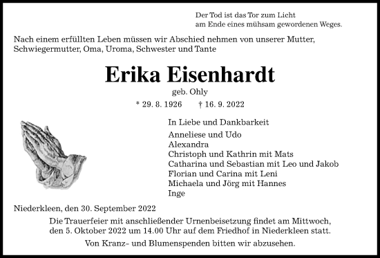 Traueranzeige von Erika Eisenhardt von Giessener Allgemeine, Alsfelder Allgemeine