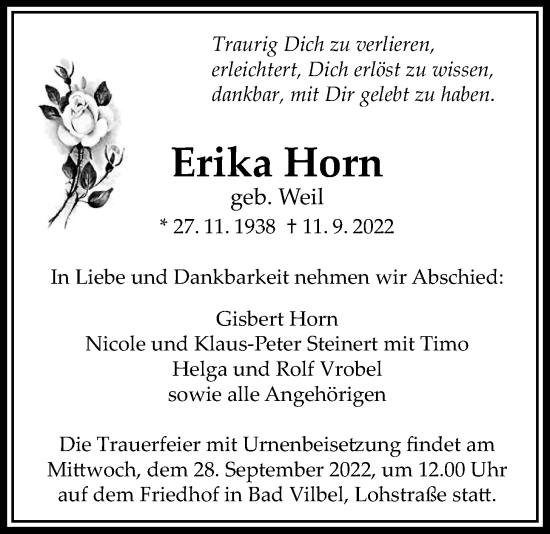 Traueranzeige von Erika Horn von Bad Vilbel/Karben