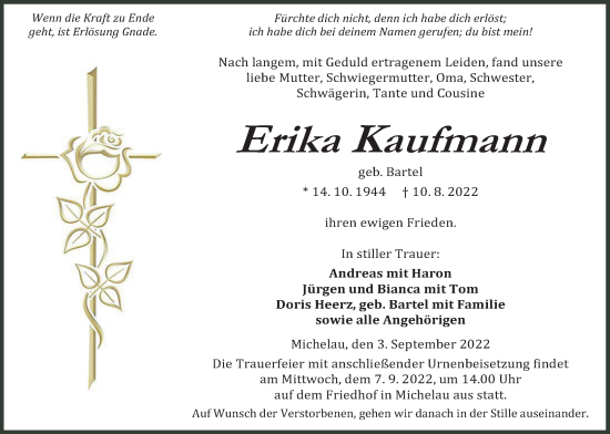 Traueranzeige von Erika Kaufmann von Kreis-Anzeiger