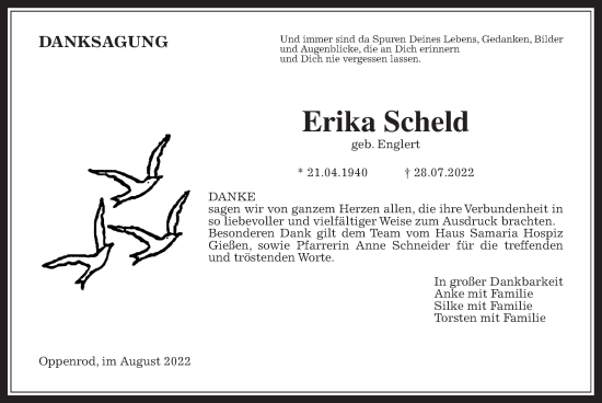 Traueranzeige von Erika Scheld von Giessener Anzeiger