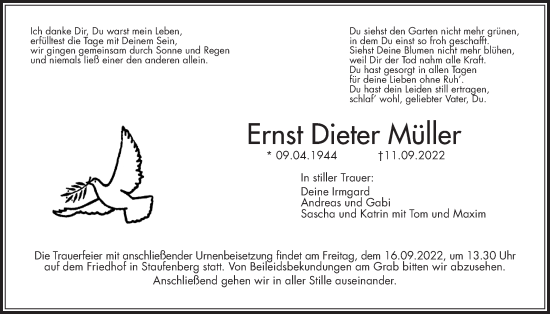 Traueranzeige von Ernst Dieter Müller von Giessener Anzeiger, Giessener Allgemeine, Alsfelder Allgemeine