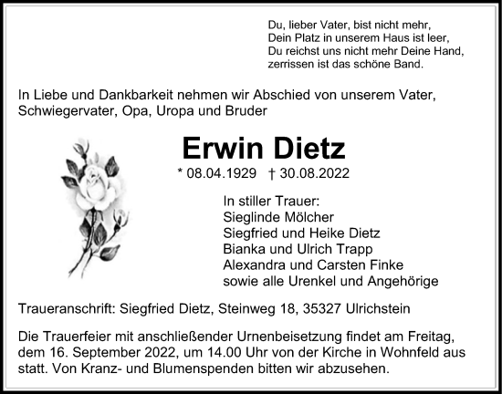 Traueranzeige von Erwin Dietz von Giessener Allgemeine, Alsfelder Allgemeine