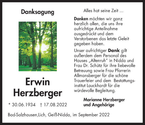 Traueranzeige von Erwin Herzberger von Kreis-Anzeiger