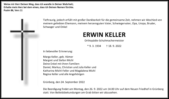 Traueranzeige von Erwin Keller von Giessener Allgemeine, Alsfelder Allgemeine