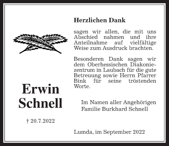 Traueranzeige von Erwin Schnell von Giessener Allgemeine, Alsfelder Allgemeine