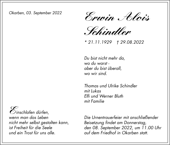 Traueranzeige von Erwin Alois Schindler von Wetterauer Zeitung