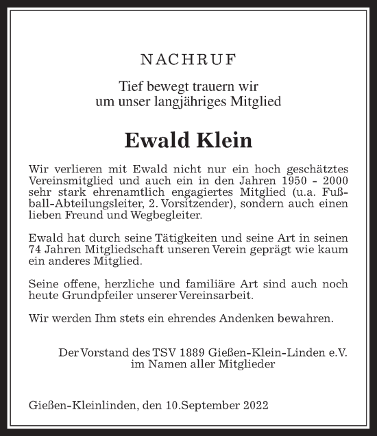Traueranzeige von Ewald Klein von Giessener Allgemeine, Alsfelder Allgemeine
